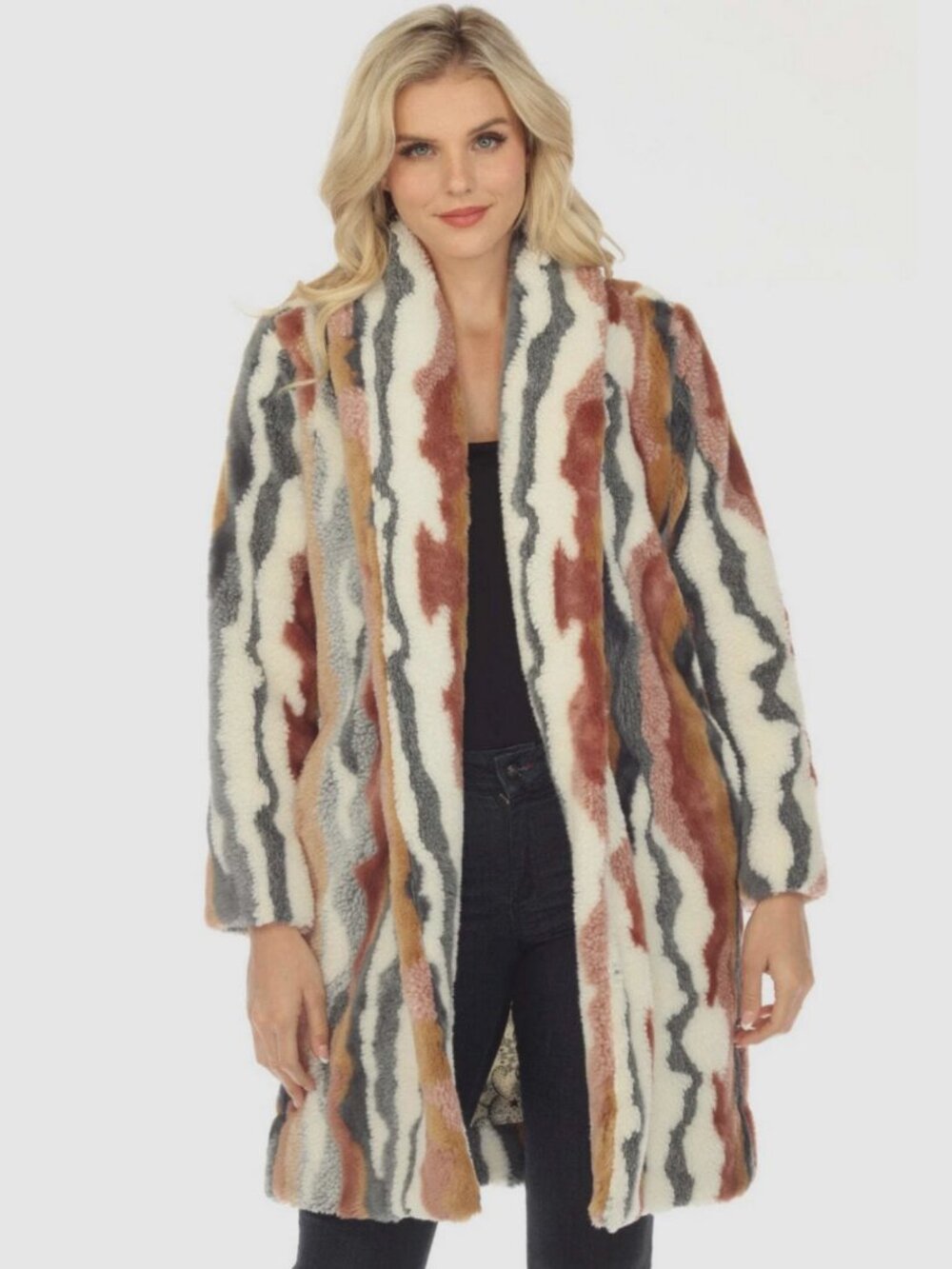 NEW Johnny Was Ziggy Faux Fur Open Front Coat Boho Chic Multi Stripe L R48023 - Picture 3 of 14